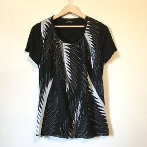 Olsen Europe Beadwork and Sequin Feather Print Black Tee